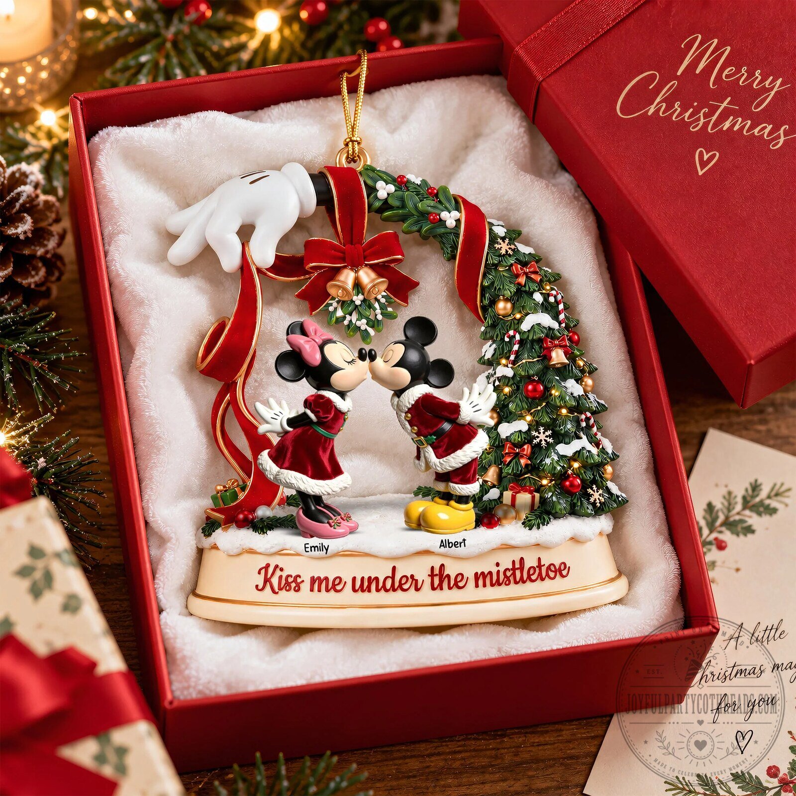 Mickey and Minnie Mouse Kissing Under Mistletoe Christmas Ornament